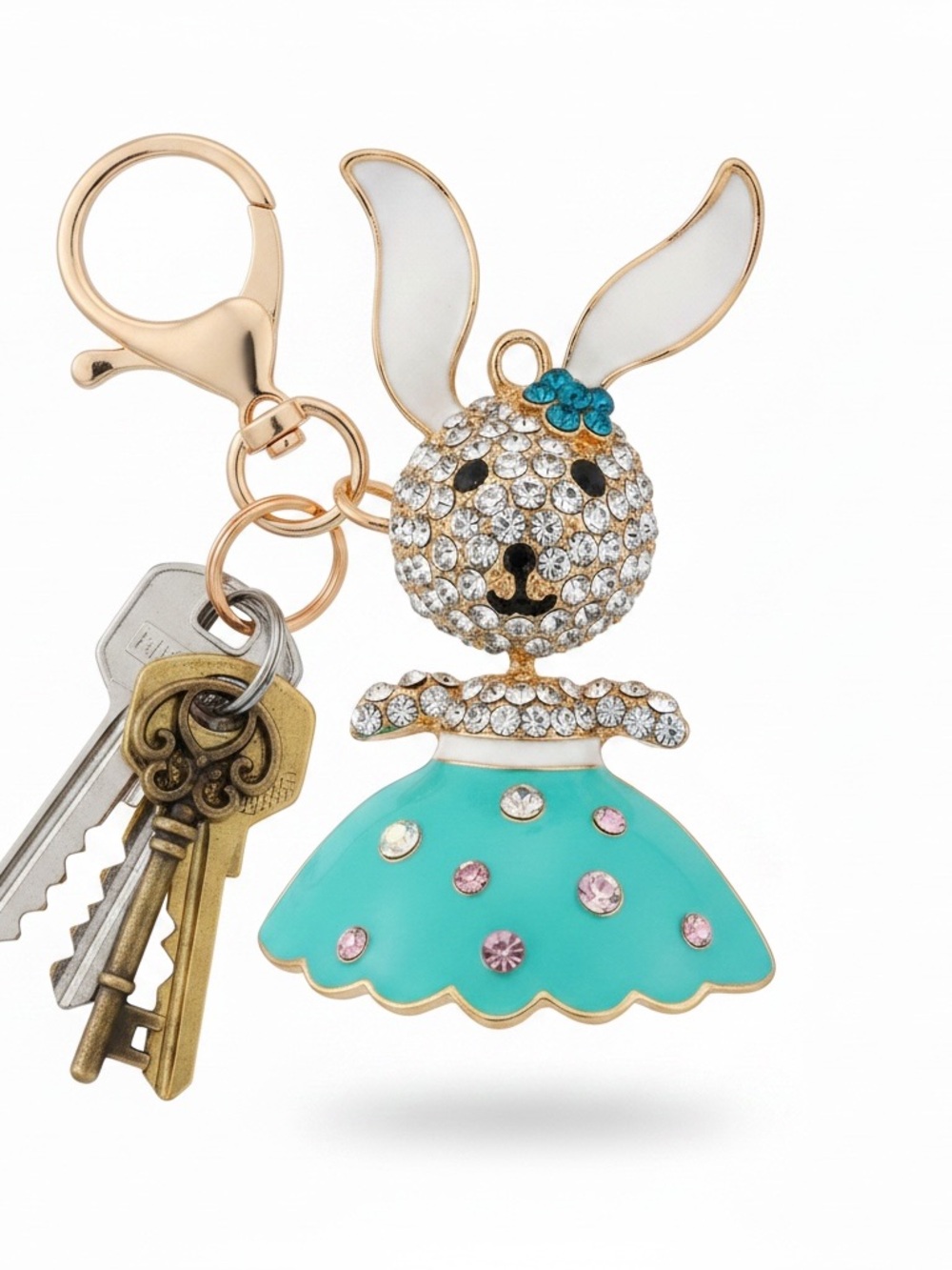 Bunny rhinestone Charm or keychain super cute in skirt with hair bow to arch - Picture 2 of 5